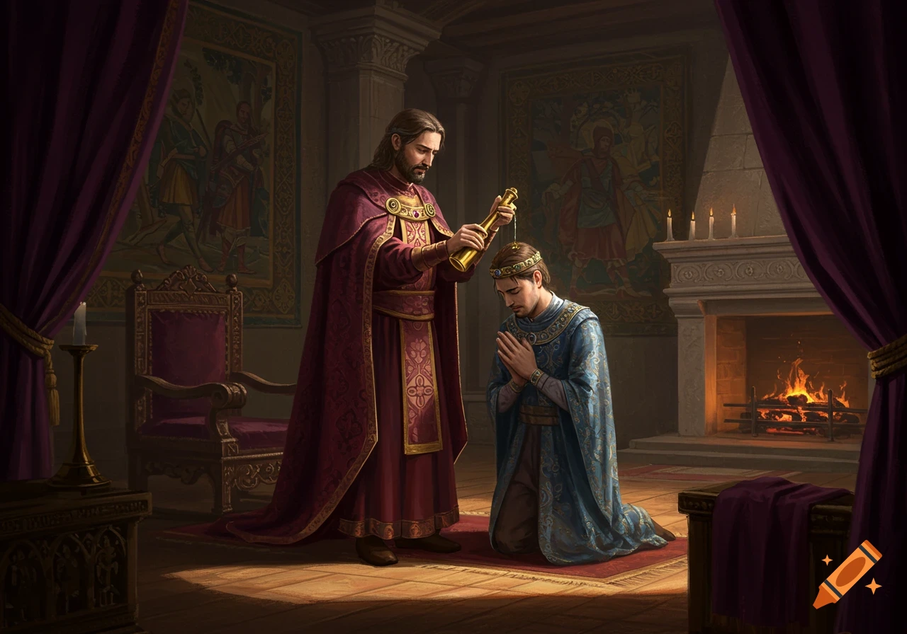 A robed man anoints a kneeling king's head with oil in a detailed, historical chamber with tapestries and a fireplace.