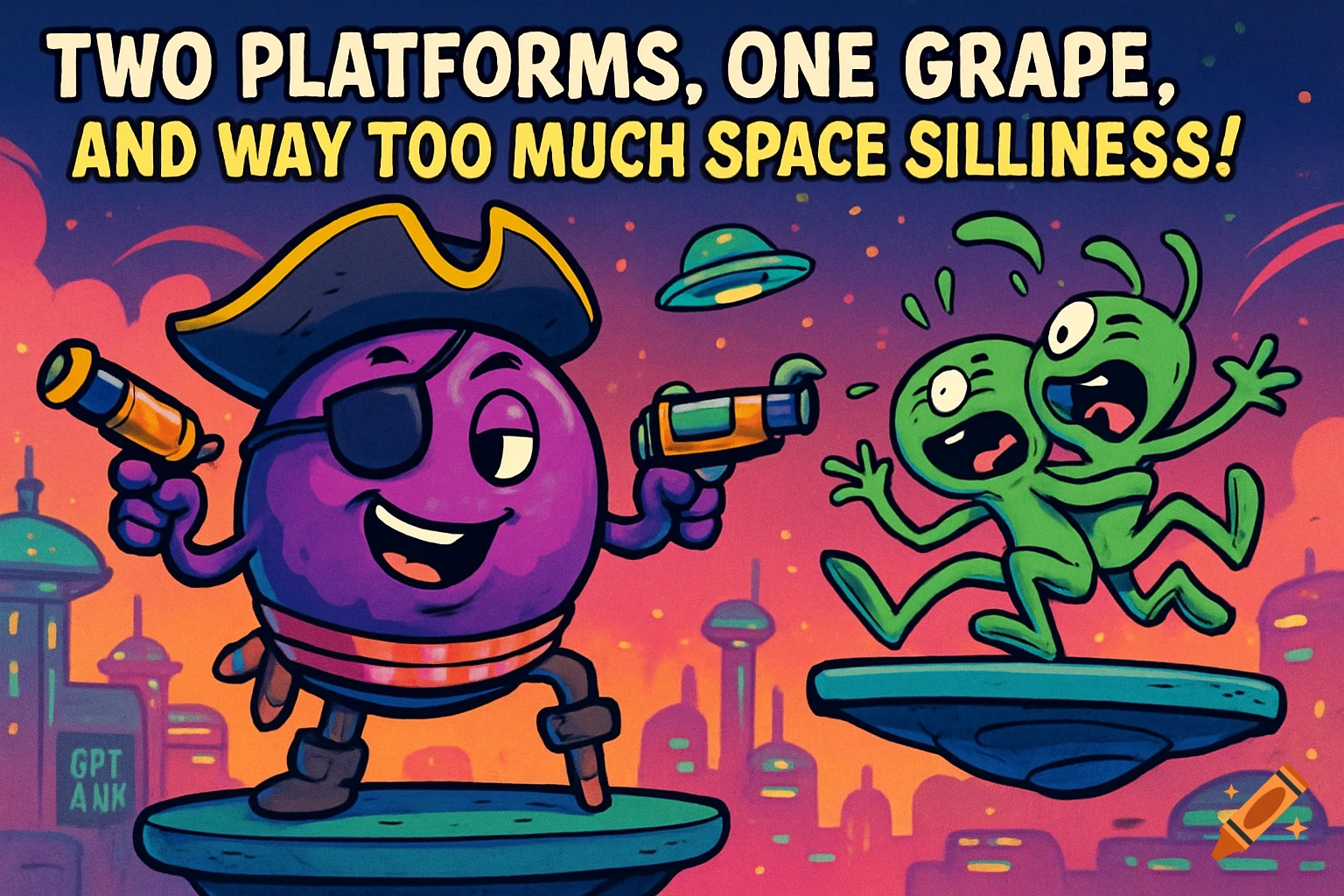 A silly cartoon grape pirate holding two blasters on a platform, while two goofy green aliens playfully wrestle on a floating platform against a whimsical alien city backdrop.