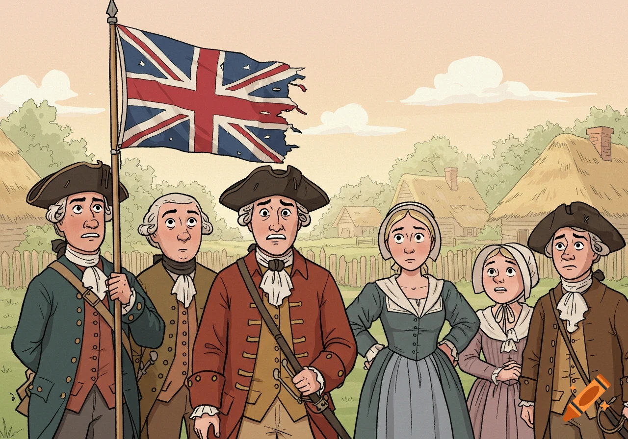 Cartoon of six confused 1700s American colonists in a village, one holding a tattered British flag.