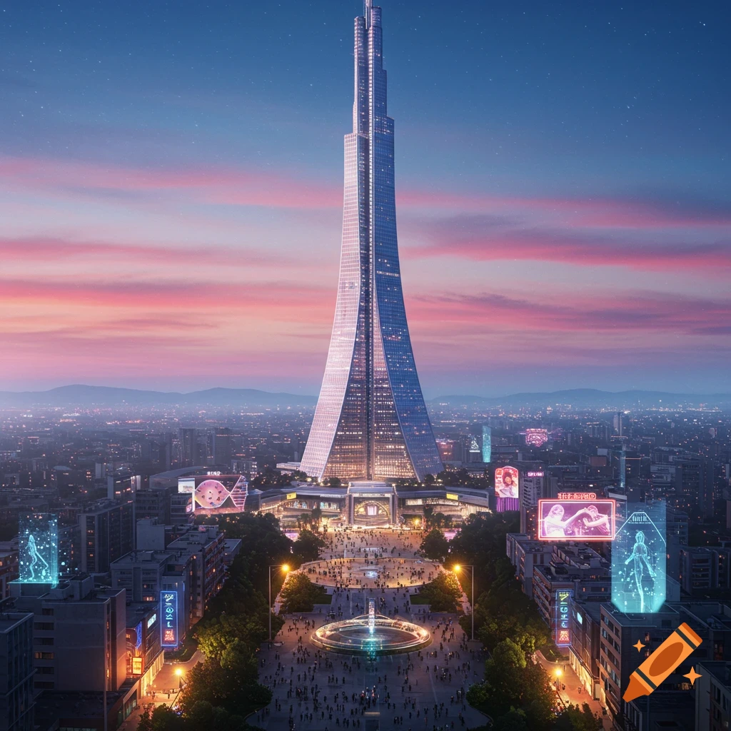 A towering, futuristic skyscraper dominates a vibrant city at dusk, with glowing holographic ads and a busy plaza below.