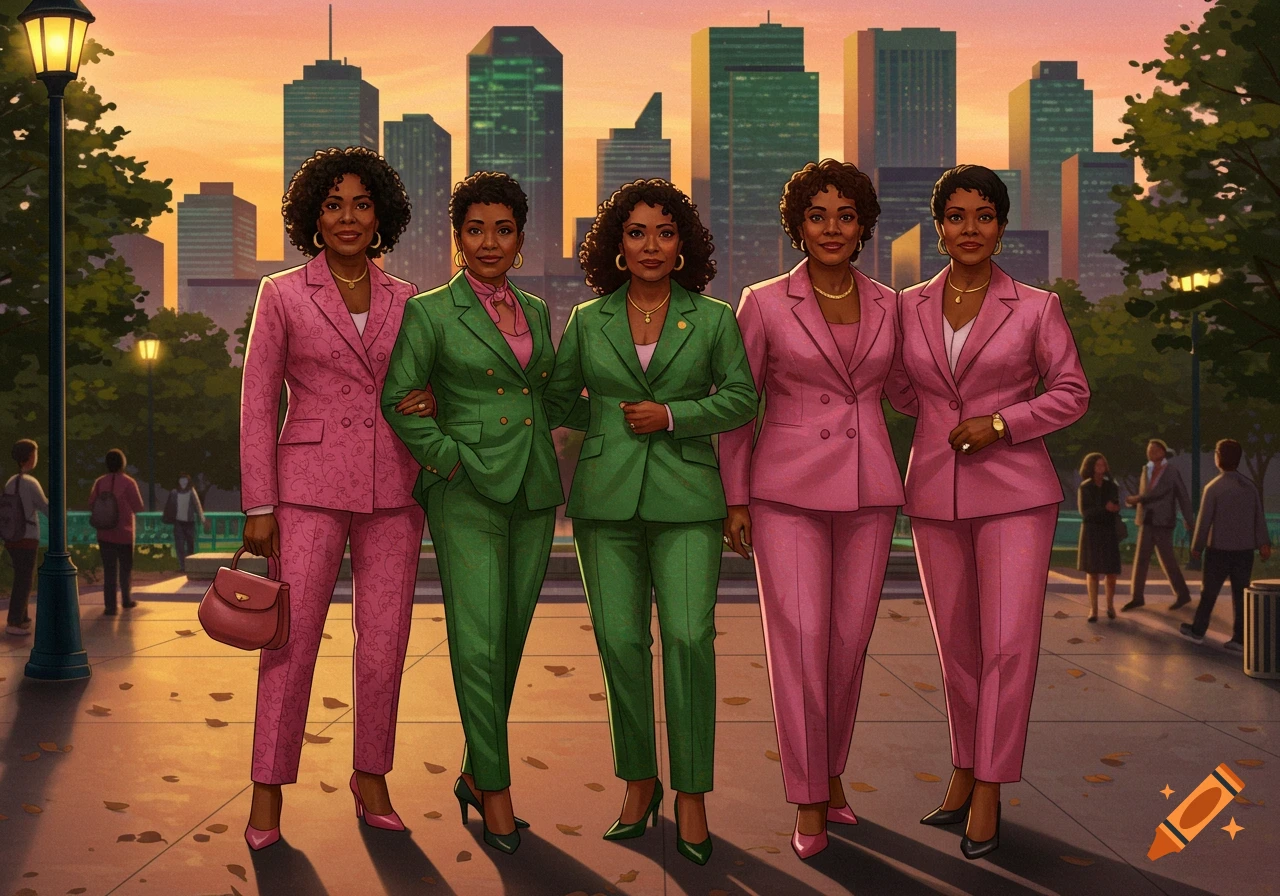 Five African American women in pink and green business suits stand on a city street with a skyline background at sunset.