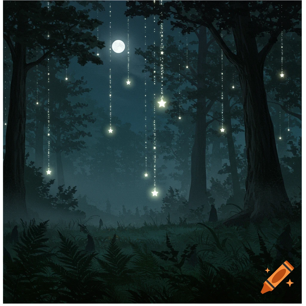 Dark, mystical forest at night with a full moon and glowing star-like lights hanging from the trees.