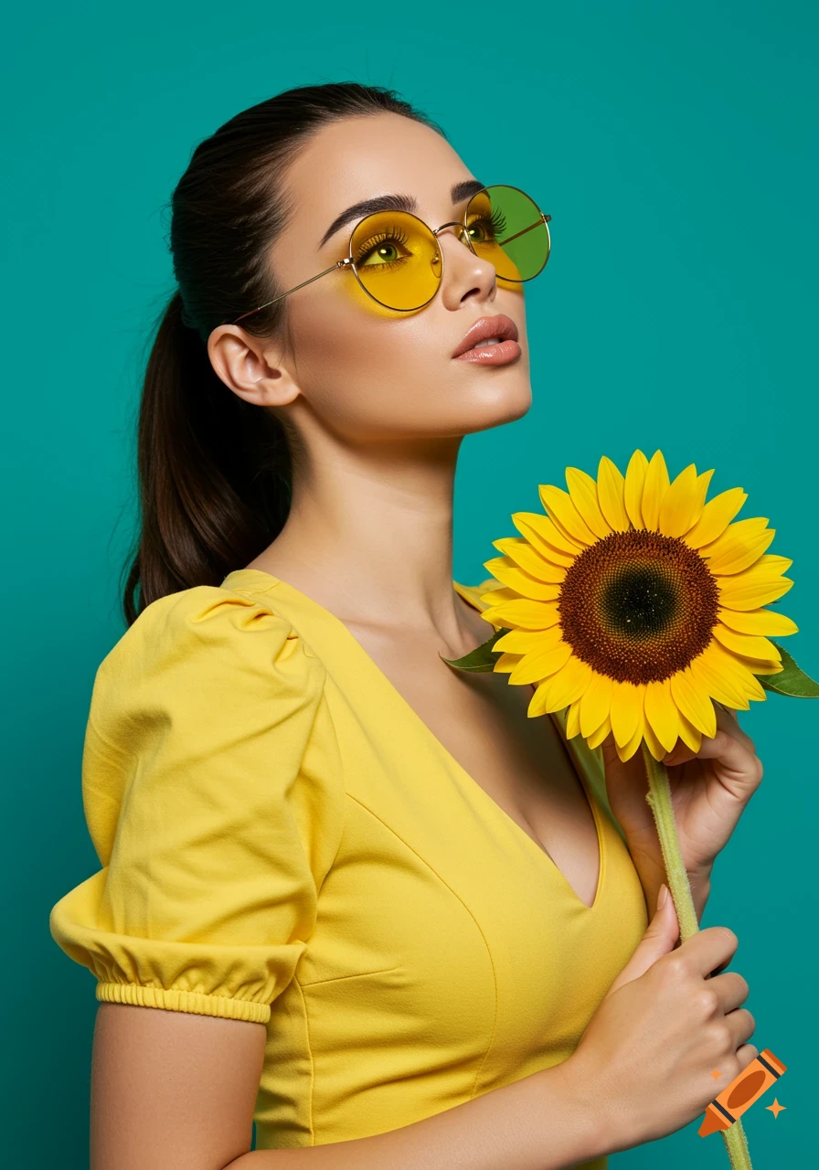 Photorealistic portrait of a young woman in yellow sunglasses and dress, holding a sunflower, looking up against a turquoise background.