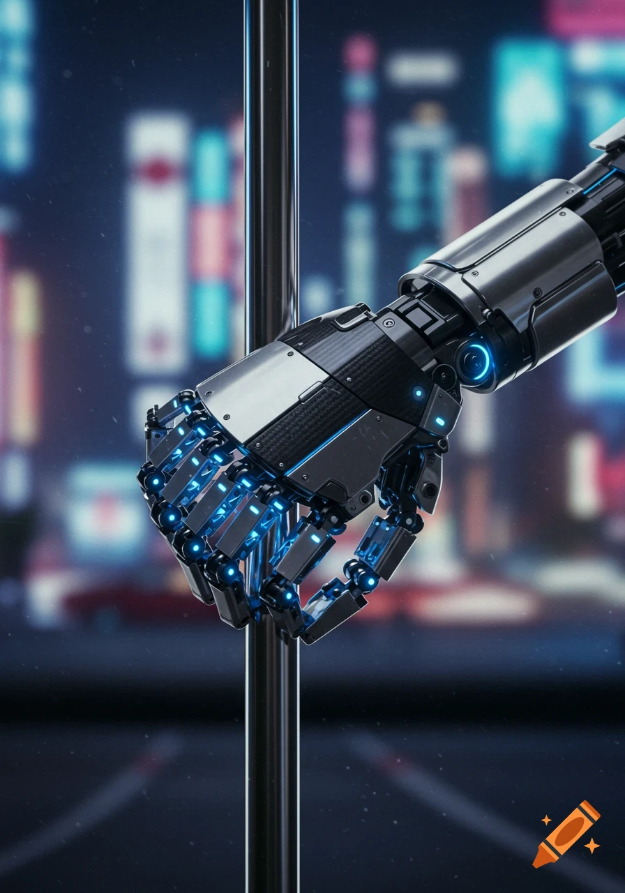 A detailed robotic hand with glowing blue joints firmly grips a metal pole, set against a blurred, vibrant cyberpunk cityscape at night.