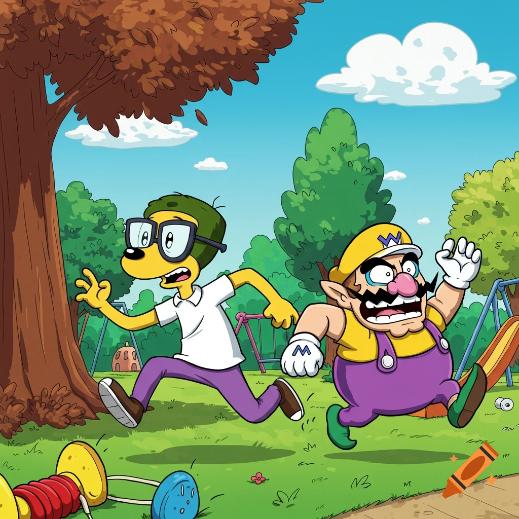 Cartoon of a scared Wario being chased through a park by a yellow, dog-like character in glasses and a green hat.