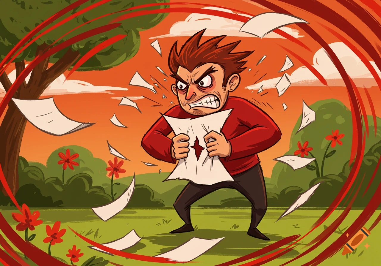 Cartoon man with spiky hair angrily tearing paper in a garden, with red lines symbolizing rage.