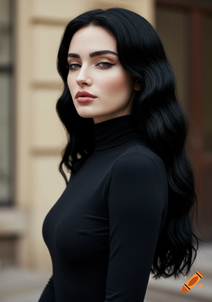 Photorealistic portrait of a woman with long, dark wavy hair, blue eyes, and red lips, wearing a black turtleneck, looking at the viewer.