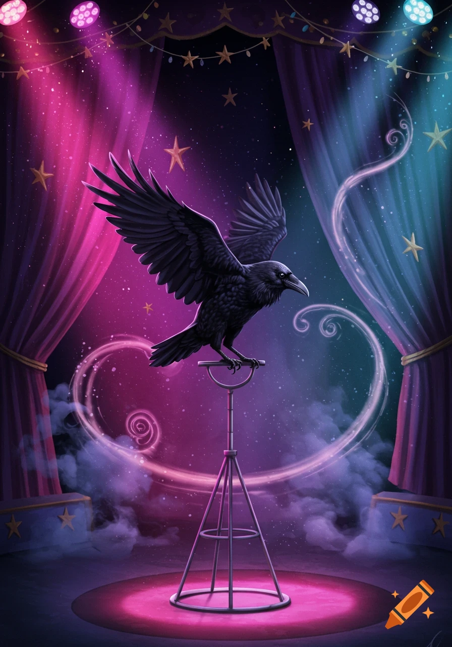 A black raven with spread wings perched on a stand in a neon-lit circus tent with pink and blue curtains and glowing stars.