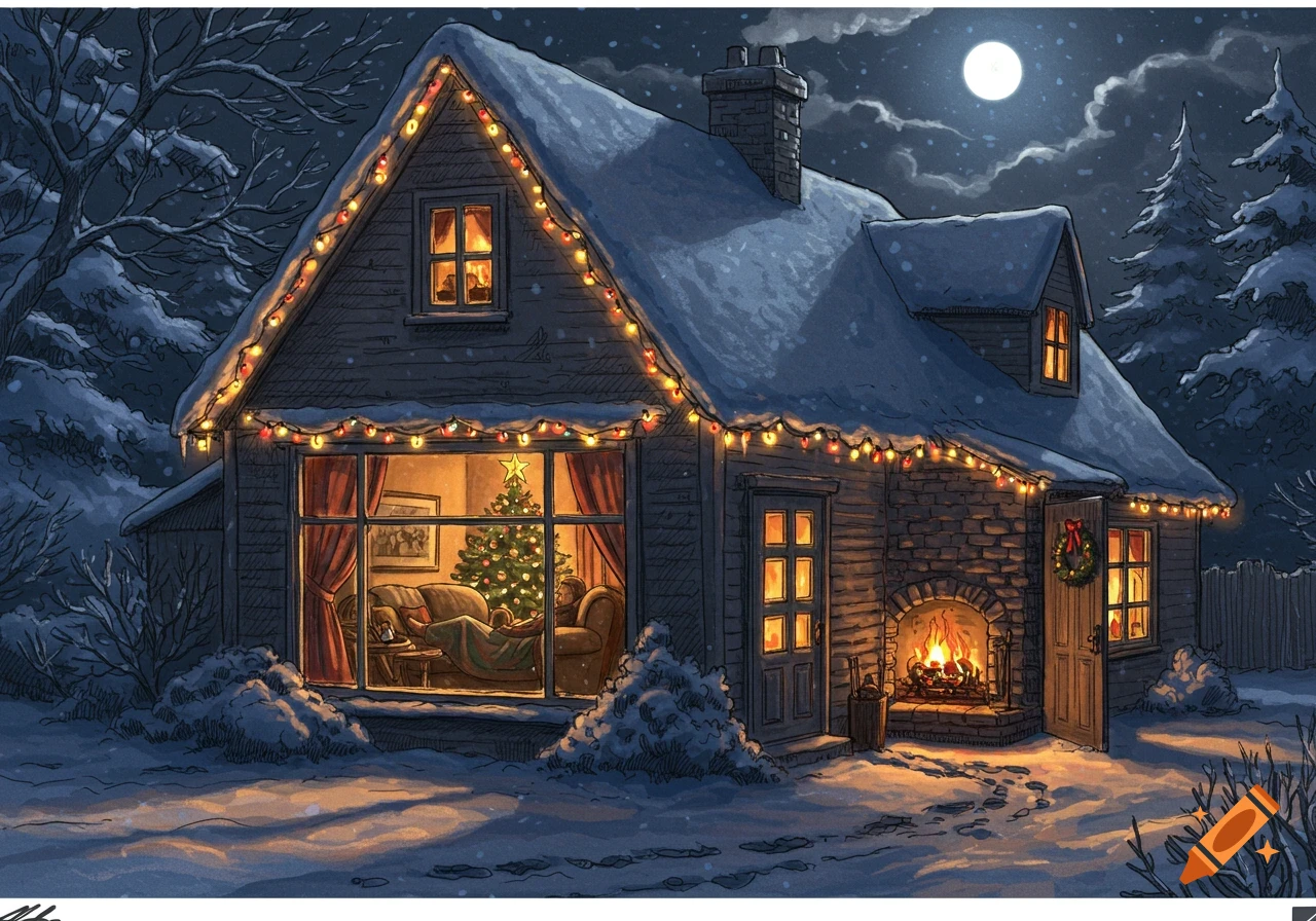 Illustration of a snow-covered house at night, decorated with Christmas lights, with a person relaxing inside by a tree.