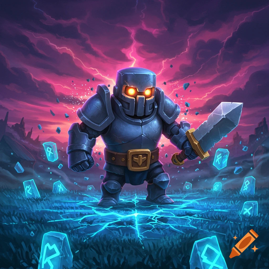 A stylized mini P.E.K.K.A knight with glowing eyes and a sword stands on cracked glowing ground with runes, under a stormy pink sky.