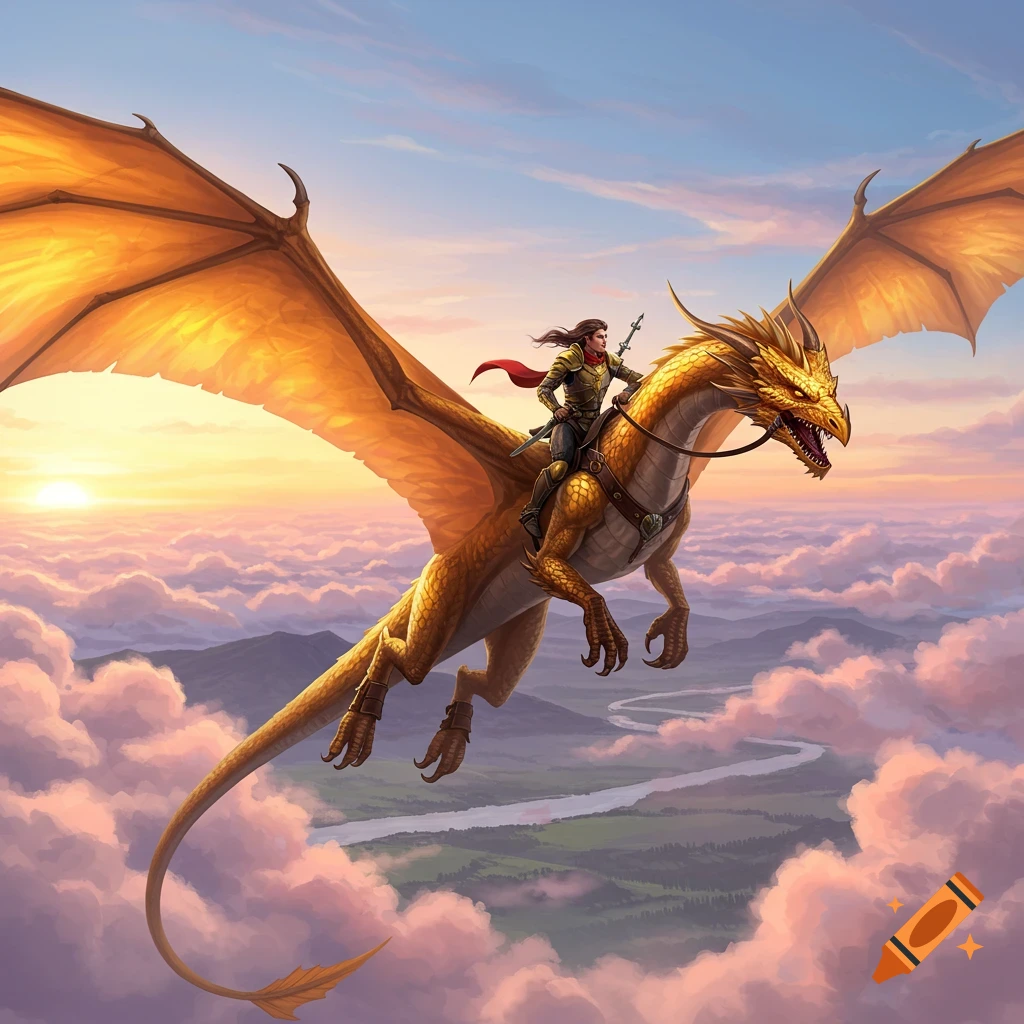 A person in armor rides a golden dragon through a cloudy sky with a sunset in the background over mountains and a river.