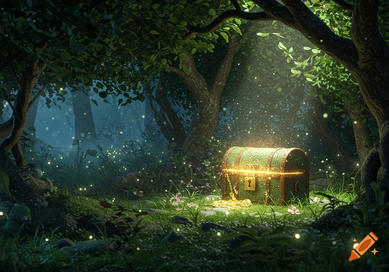 A glowing, ornate green treasure chest with gold coins and chain sits in a magical forest clearing with sparkling light particles.