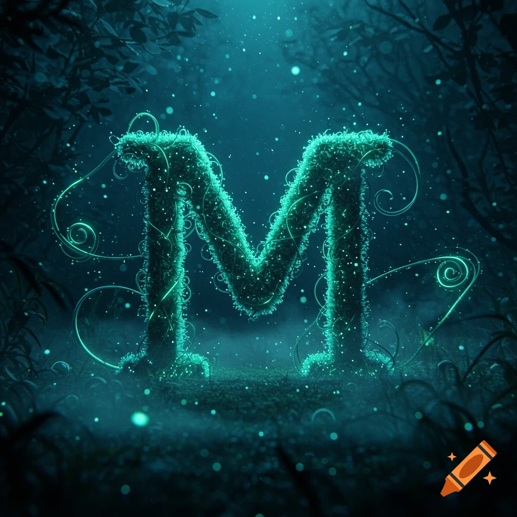 A glowing, moss-covered letter 'M' stands in a mystical, dark forest with sparkling particles.