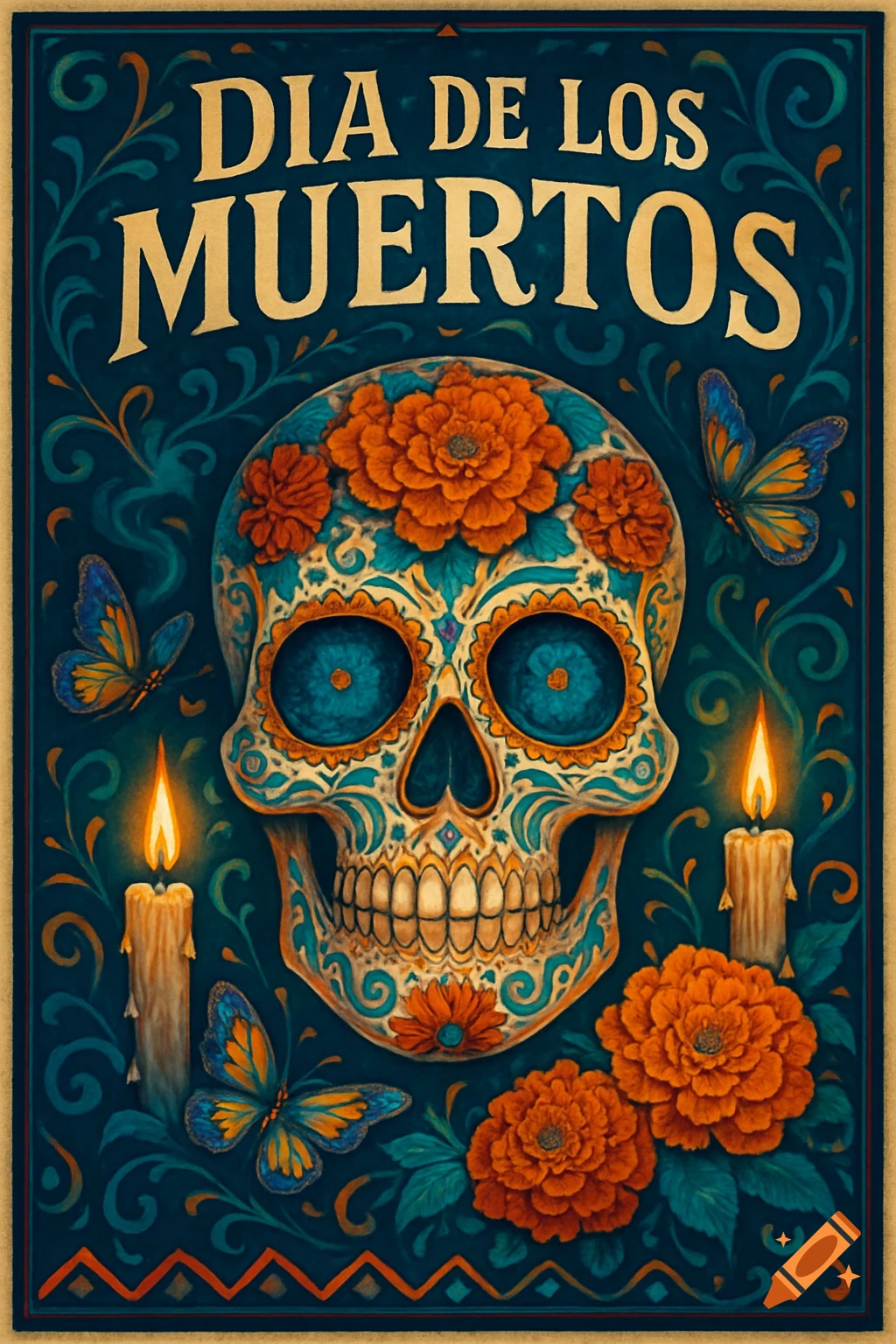 A decorative Dia de los Muertos poster featuring a sugar skull adorned with marigolds, butterflies, and candles, on a dark floral background.