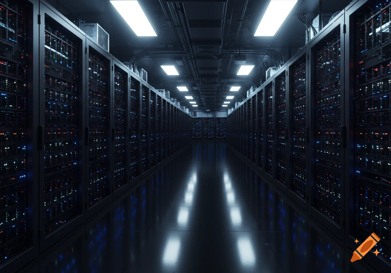 A long hallway of black server racks with blinking lights in a data center, with overhead lighting reflected on the floor.