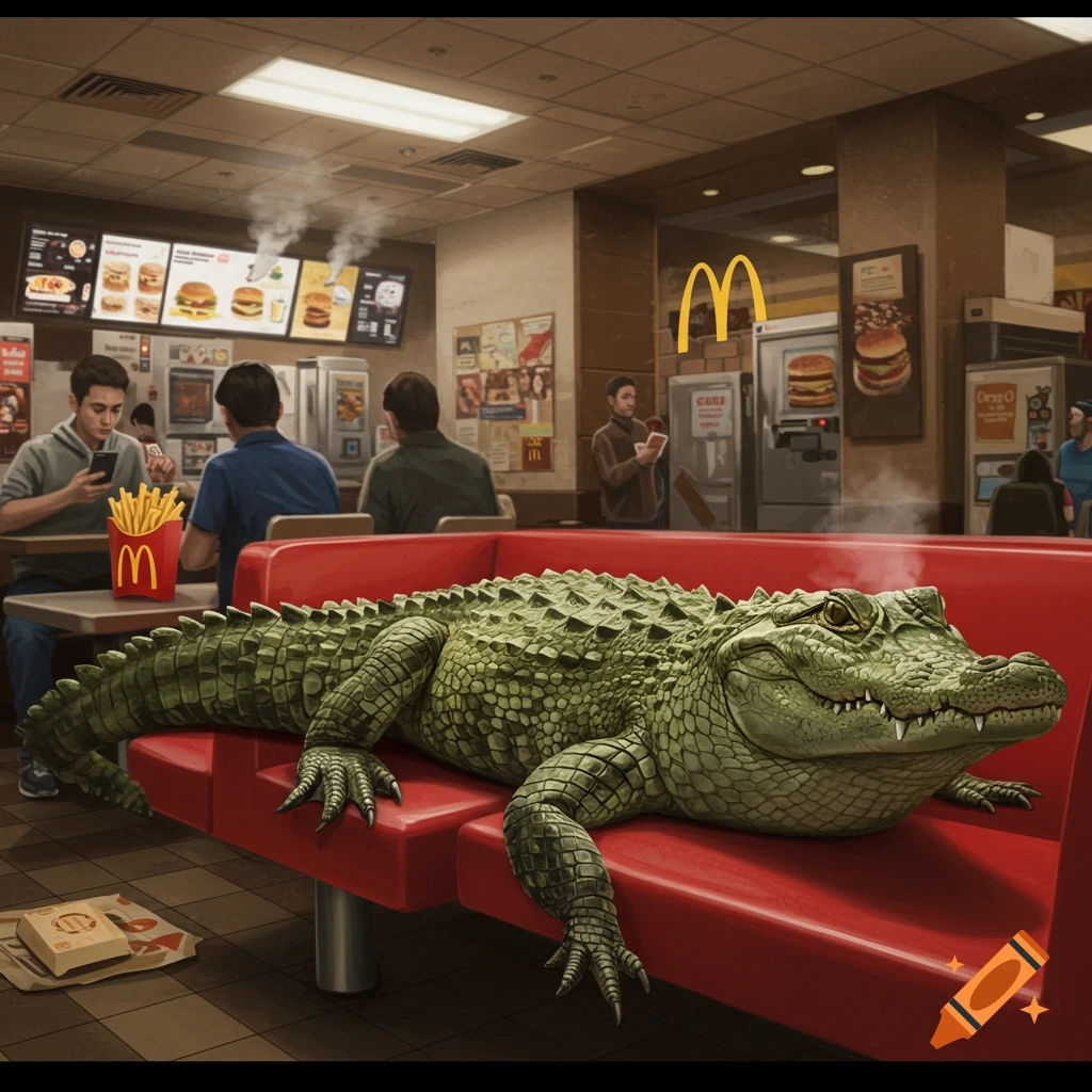 A large green alligator rests on a red booth in a crowded McDonald's restaurant while people eat and look at phones in the background.