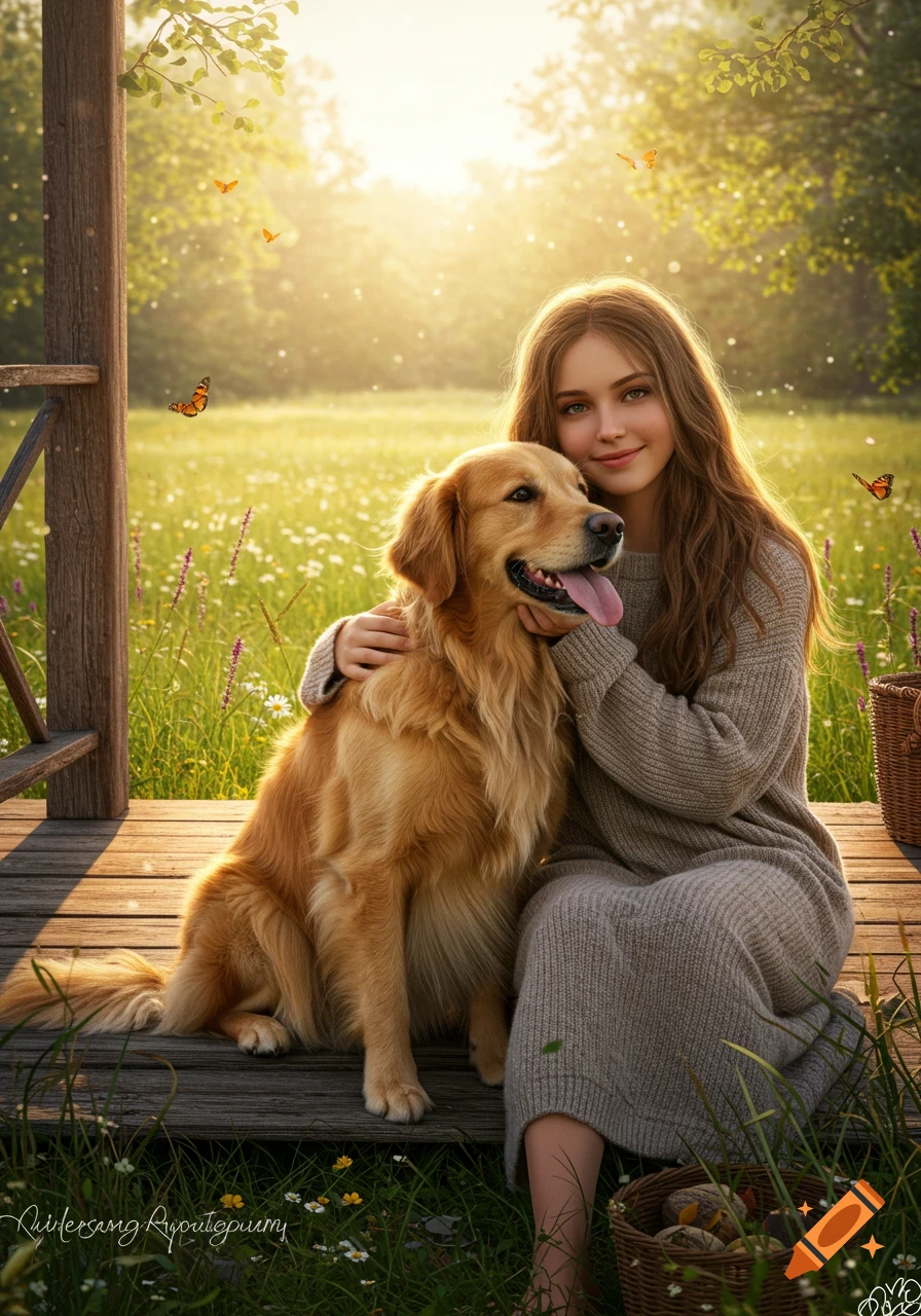 A girl in a knitted dress hugs a golden retriever on a rustic porch overlooking a sunny, wildflower-filled meadow.