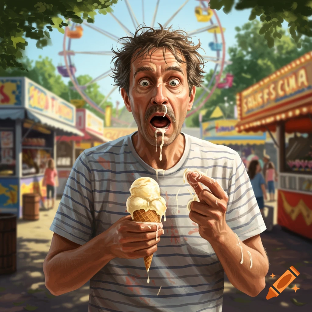 Man with horrified face covered in melted vanilla ice cream at a bustling carnival, holding a cone. Photorealistic.