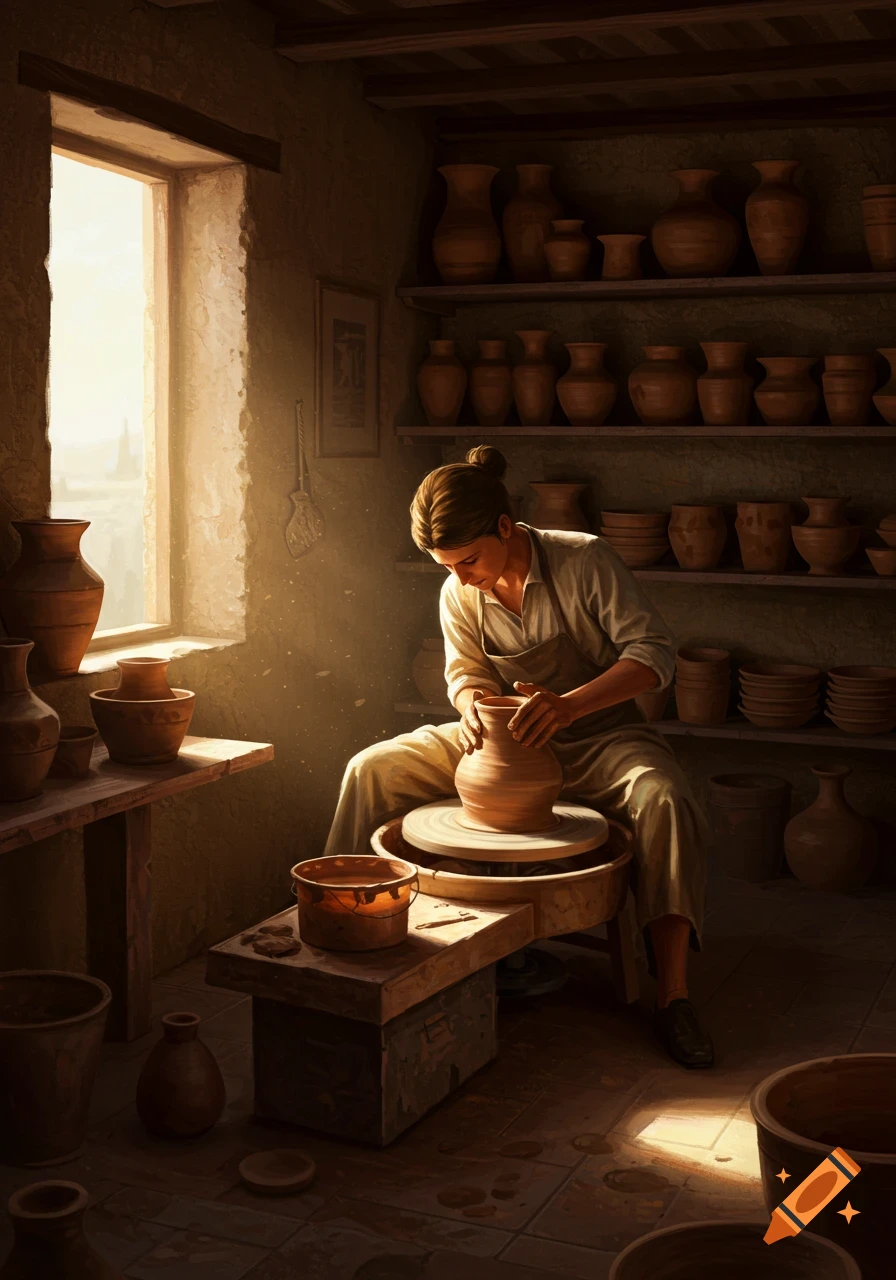 A potter intently shapes clay on a spinning wheel in a warm, sunlit workshop with shelves of finished pots.
