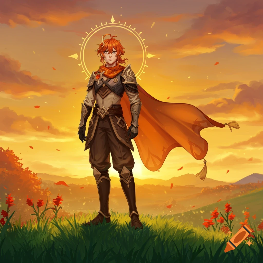 An anime-style male character with orange hair and armor stands in a vibrant sunset landscape with a radiant halo.