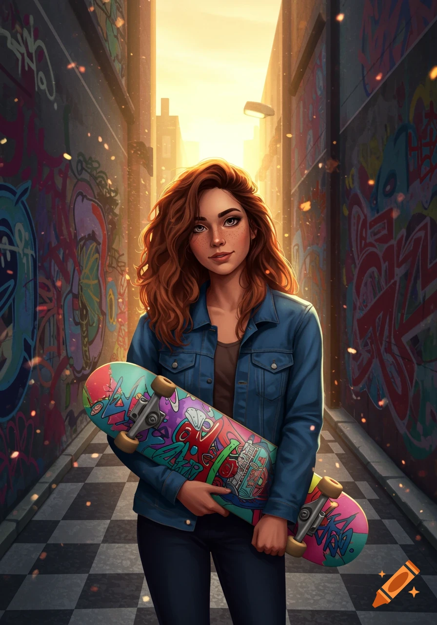 An illustrated young woman with wavy brown hair in a denim jacket holding a colorful skateboard in a graffiti-covered urban alleyway.