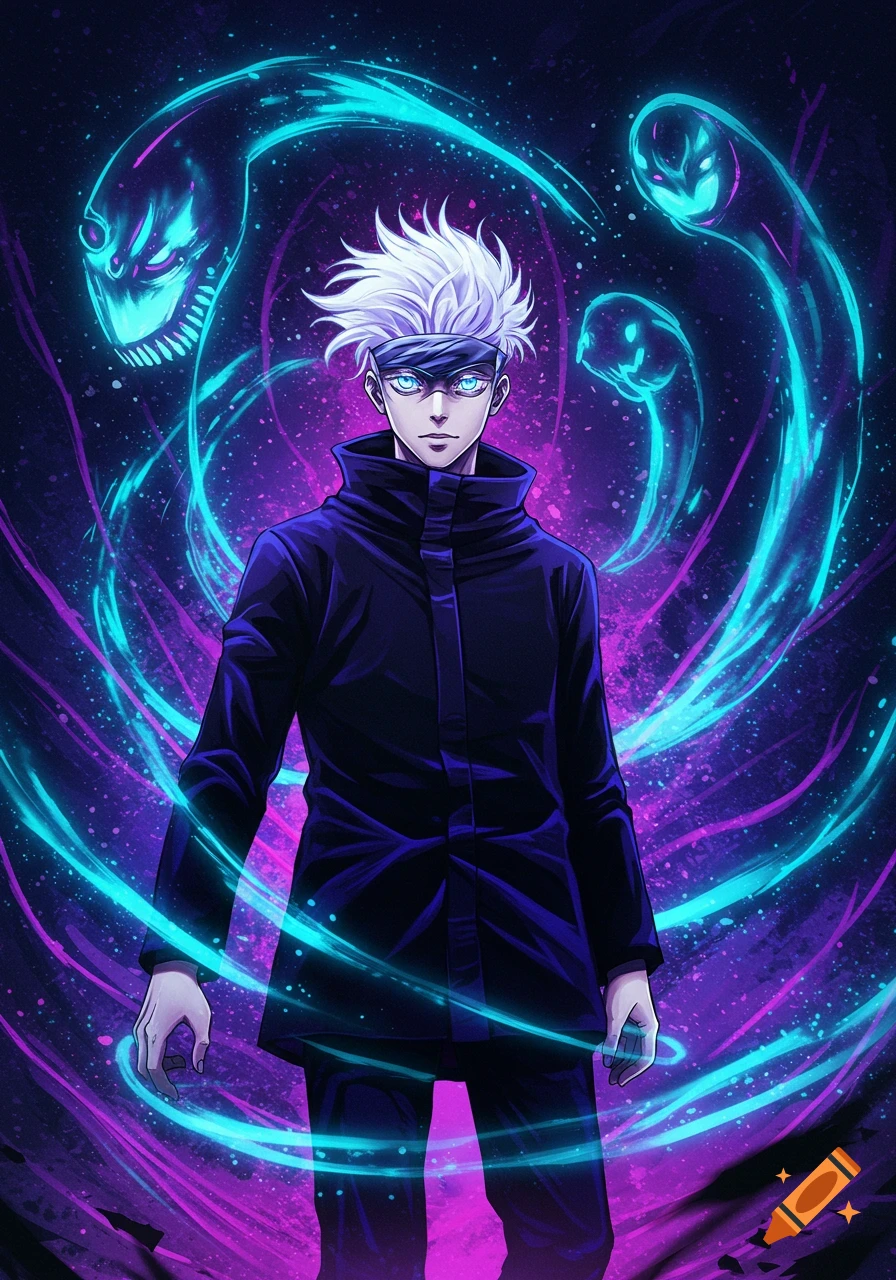 An anime male character with white spiky hair, blue glowing eyes, and a blindfold, surrounded by neon blue and purple energy and spectral entities.