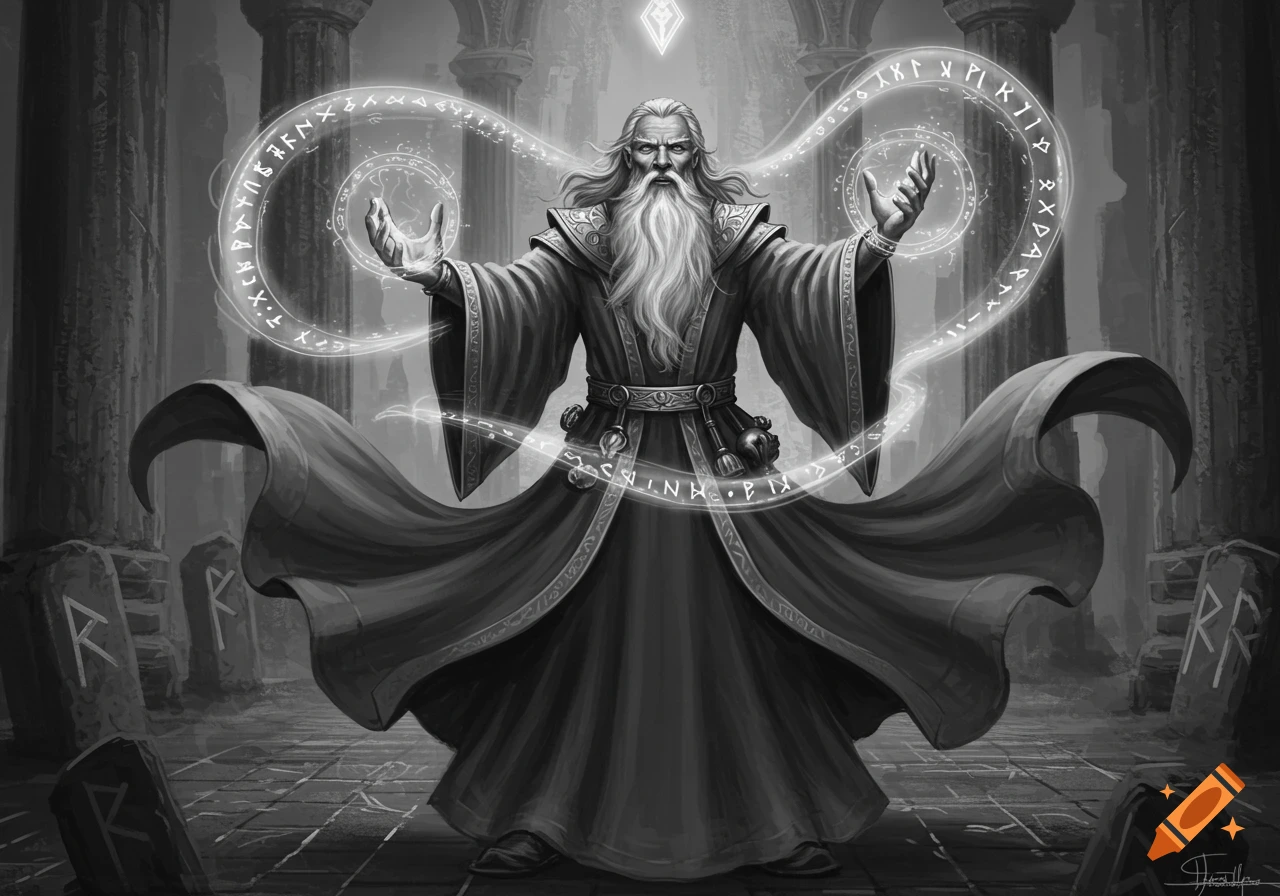 A monochromatic digital painting of an old wizard with a long white beard, arms outstretched, casting a glowing runic spell.