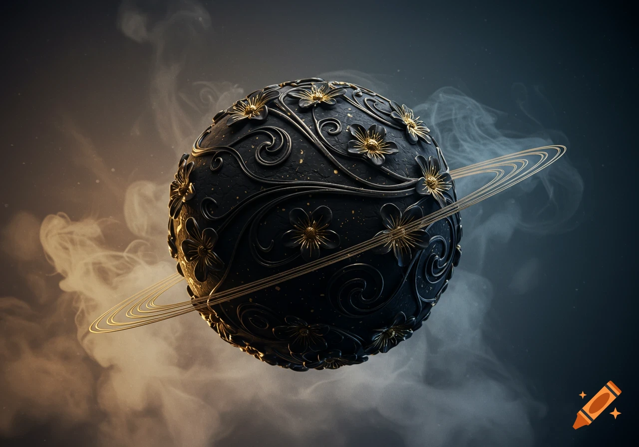 A black planet with ornate gold floral patterns, surrounded by delicate gold rings and wisps of smoke in a 3D style.