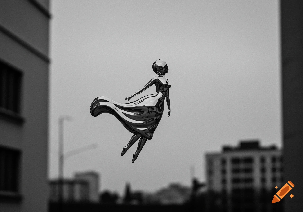 Monochrome photo of a metallic, balloon-like woman figure floating above blurred city buildings.
