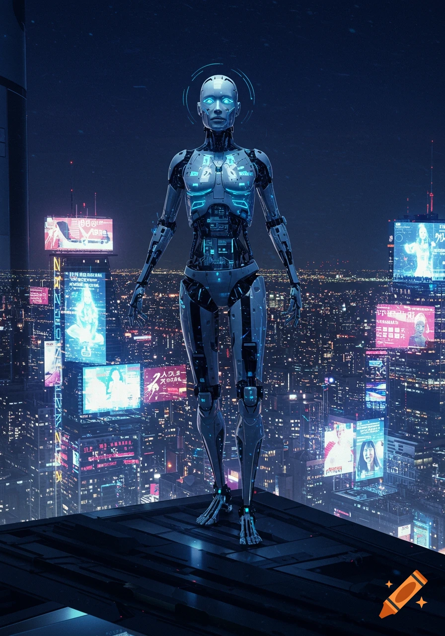 A bipedal robot with glowing blue accents stands on a skyscraper overlooking a vast, neon-lit futuristic city at night.