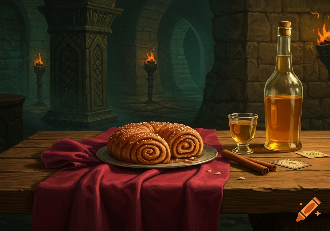 A sweet-roll, a bottle of mead, and a glass sit on a red cloth on a table in a dark, torchlit fantasy dungeon.