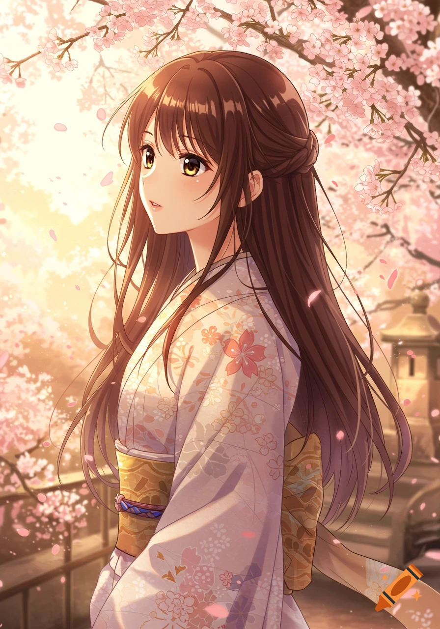 Anime girl with long brown hair in a white kimono with pink flowers, standing amidst cherry blossoms at sunset, traditional Japanese setting.