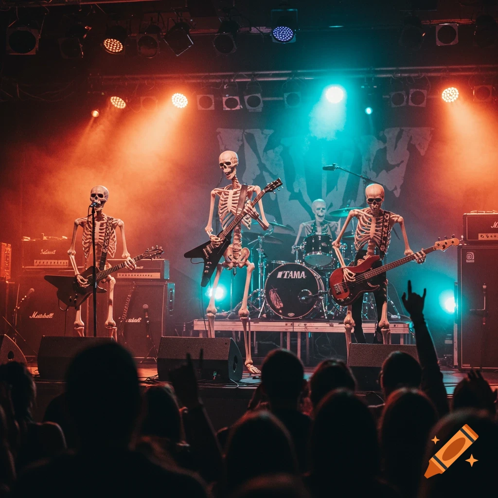 A skeleton rock band performs on stage with vibrant orange and blue lighting, viewed from behind the audience.