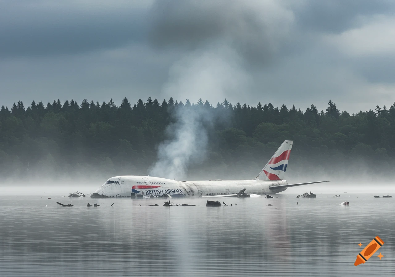 Photorealistic image of a British Airways 747 airplane partially submerged and smoking in a misty lake, with a forest in the background.