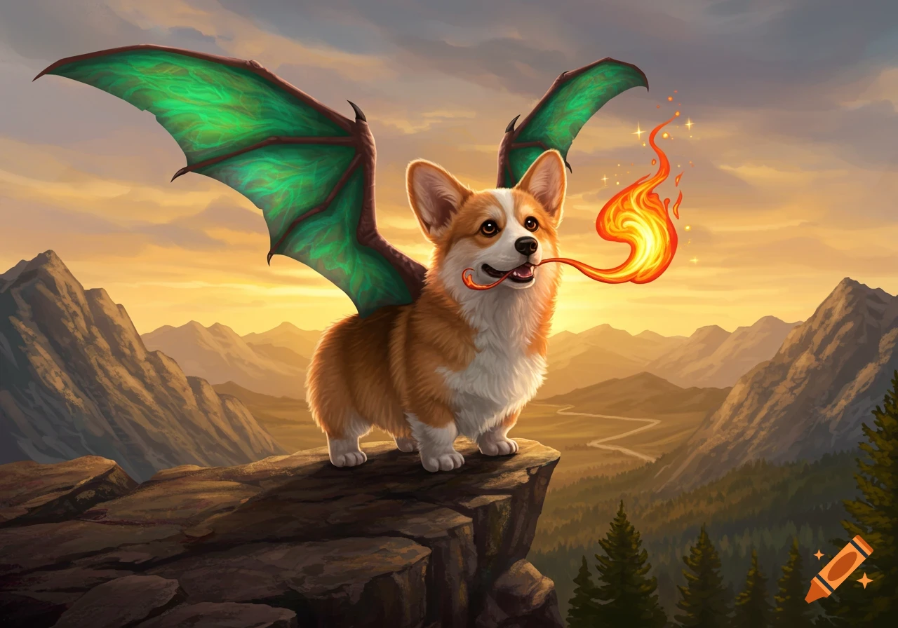 A cute corgi with green dragon wings stands on a rocky mountain peak, breathing fire against a sunset sky with mountains in the background.