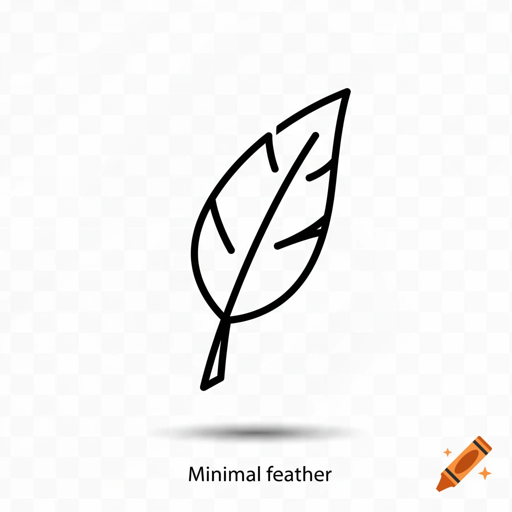 A minimal black line art icon of a feather on a transparent background, with 'Minimal feather' text below.