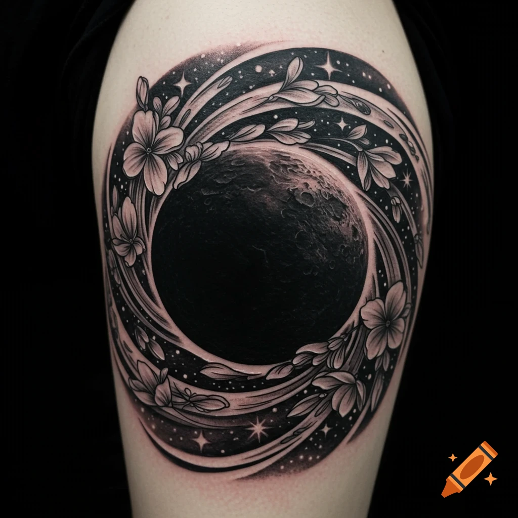 Black and white tattoo on an arm, featuring a dark planet surrounded by a floral wreath, stars, and celestial patterns.