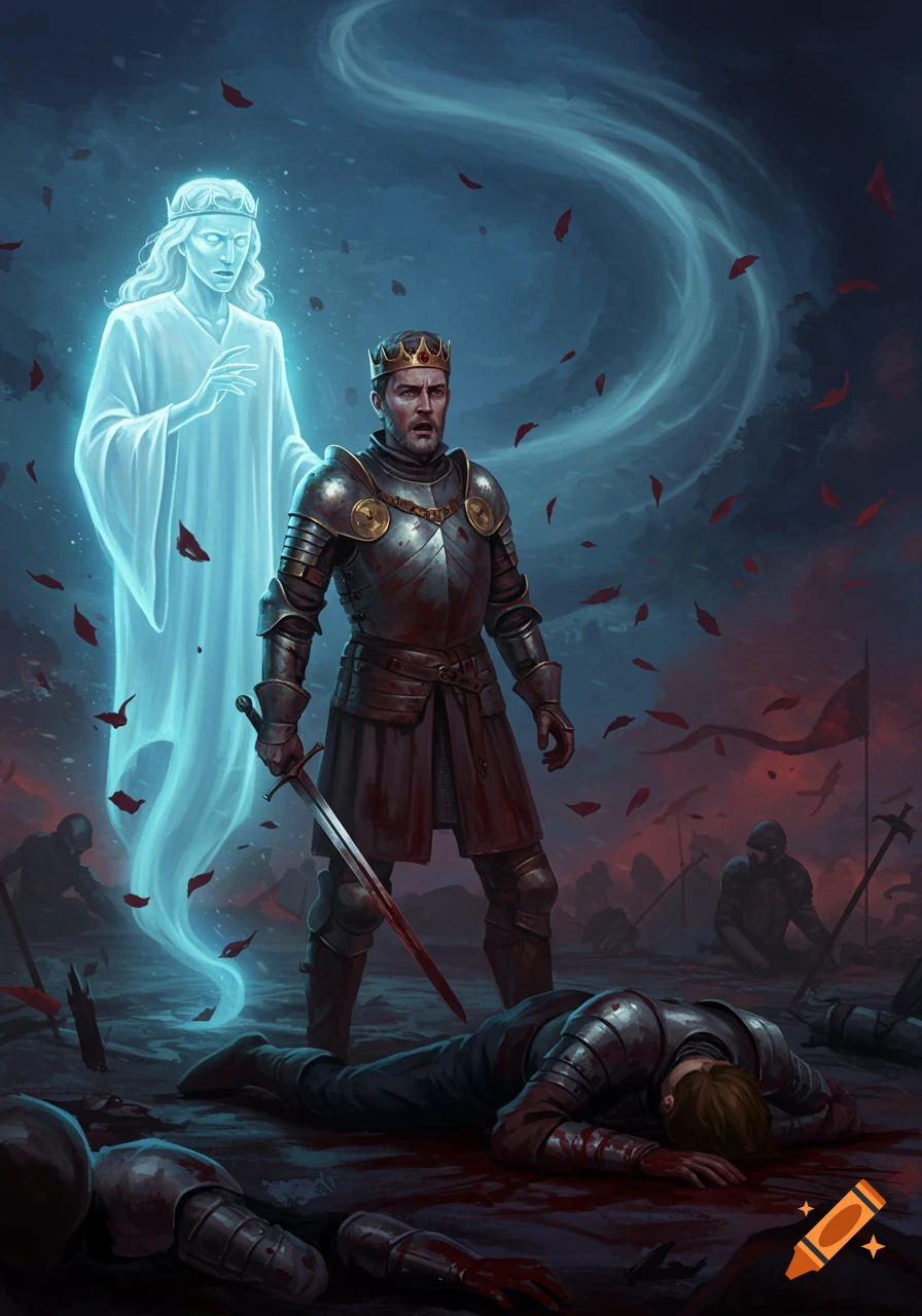 A solemn king in armor with a bloody sword stands on a battlefield with fallen soldiers and blood, as a glowing ghost appears beside him in this fantasy illustration.