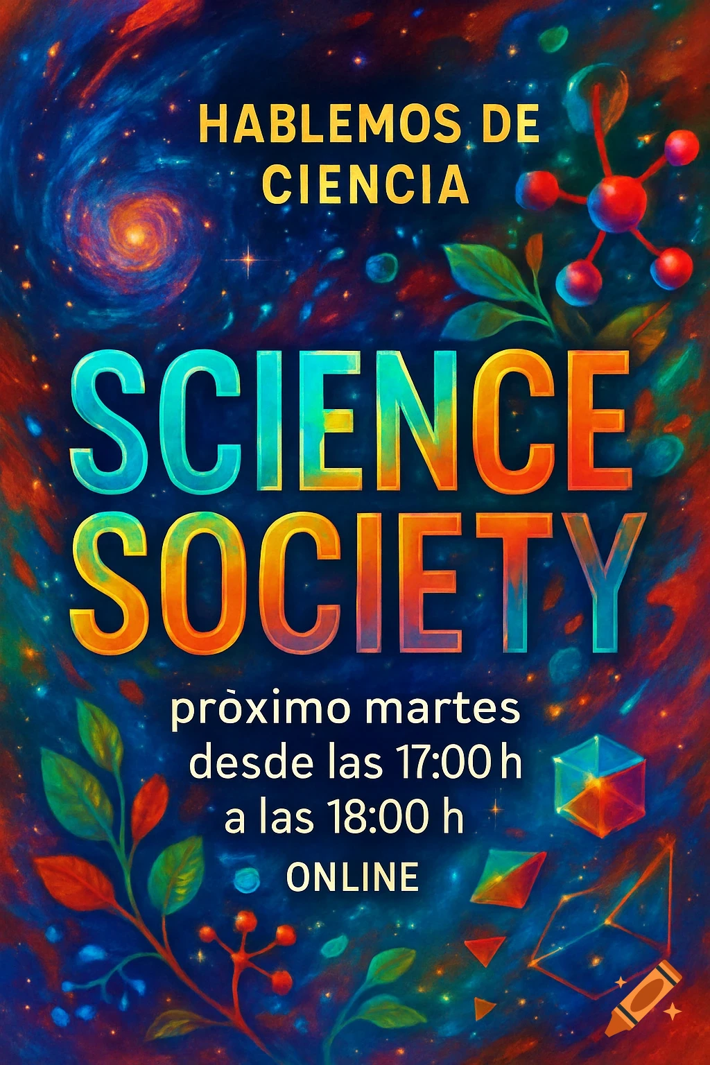 Colorful poster for 'Science Society' with cosmic background, molecular structures, and text about a science event.