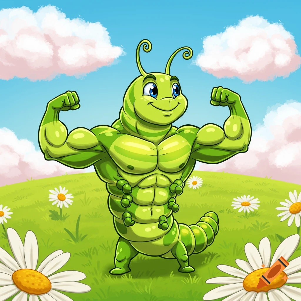 A strong, muscular green cartoon caterpillar flexes its biceps in a sunny field with white daisies and a blue sky.