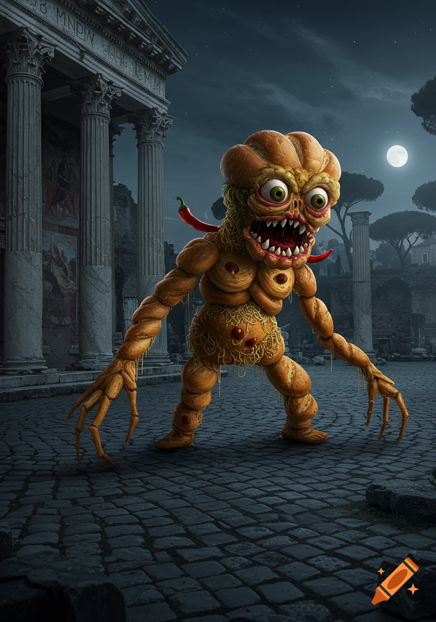 A scary, googly-eyed food monster made of bread and pasta stands in ancient Roman ruins under a full moon at night.