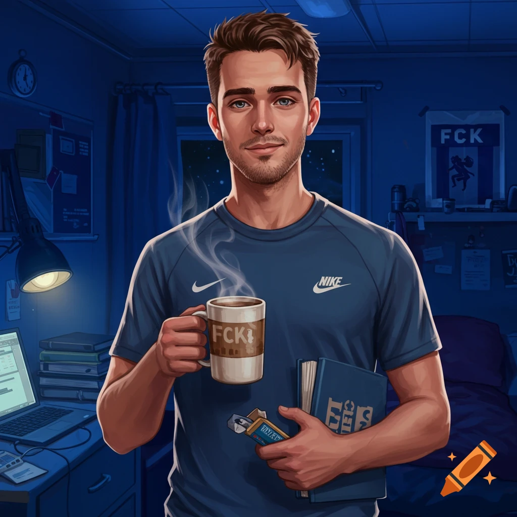 An illustrated young man with short brown hair and a beard, wearing a blue Nike t-shirt, holds a steaming coffee mug and a blue book in a blue-lit dorm room.