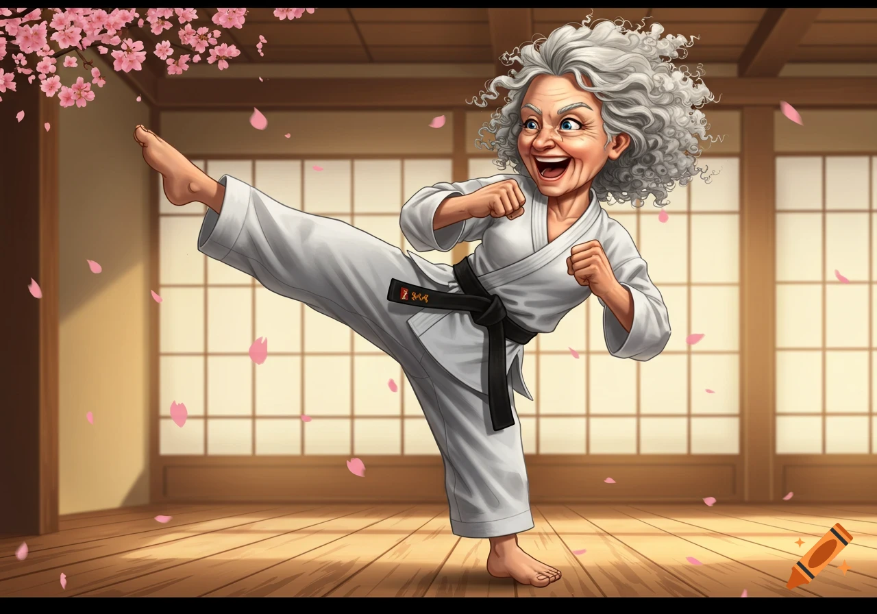 A smiling, energetic cartoon grandma with curly gray hair performs a karate kick in a dojo with cherry blossoms.