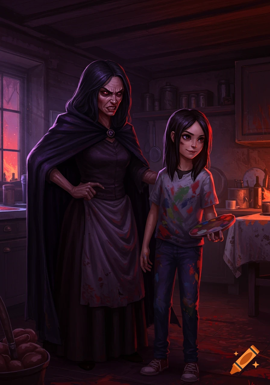A menacing witch and a young girl holding a paint palette stand in a dimly lit, messy kitchen.