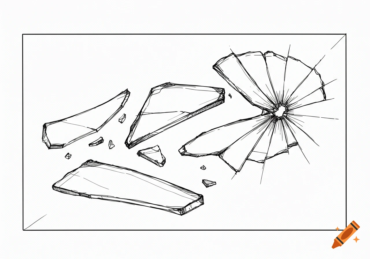 Black and white line drawing of broken glass shards with a central impact point and radiating cracks.