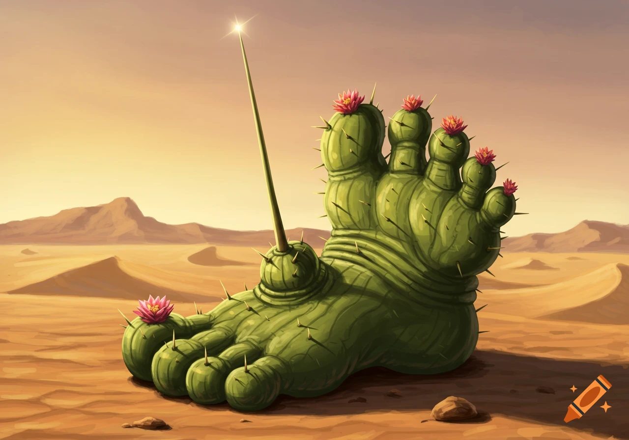 A stylized, foot-shaped cactus with pink flowers and a long upward spike stands in a desert landscape under a sunset sky.