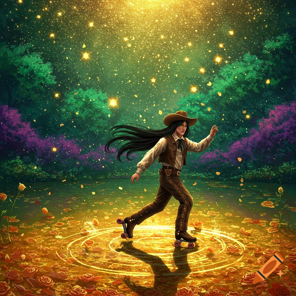 An Asian person in vintage cowboy clothes roller skating on a golden rose pond in a technicolor forest with a star shower.