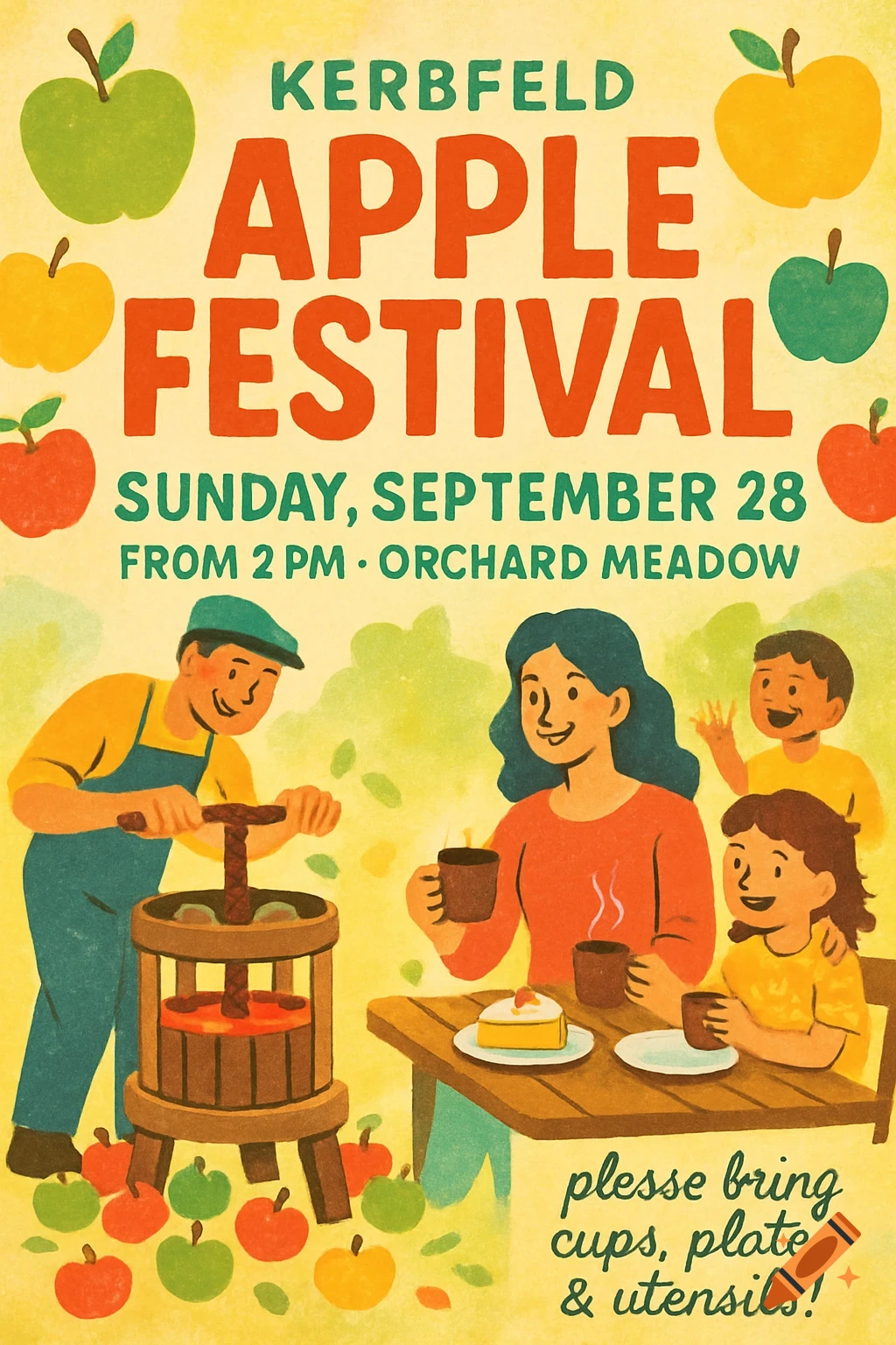 A colorful, hand-drawn poster for the Kerbfeld Apple Festival, featuring a family making apple juice, eating cake, and drinking coffee.