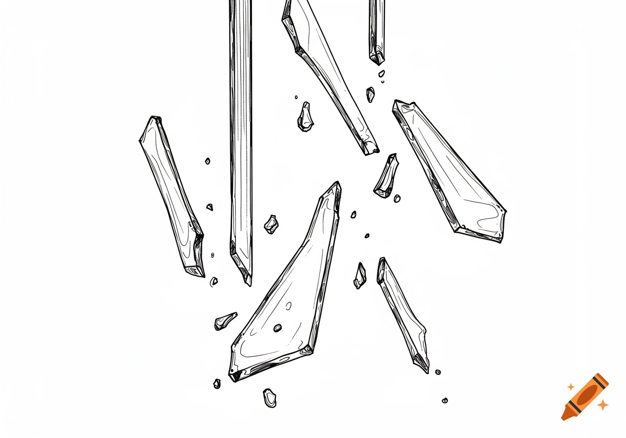 Line drawing of numerous sharp shards of glass falling or floating on a white background.
