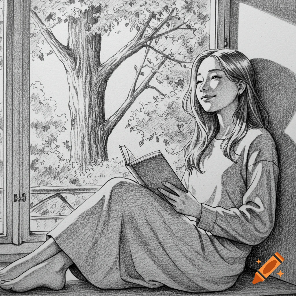Black and white pencil drawing of a blissful young woman reading a book by a window with a majestic tree outside.